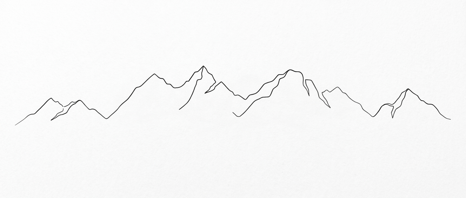 Black continuous line drawing of multiple mountain peaks and hills